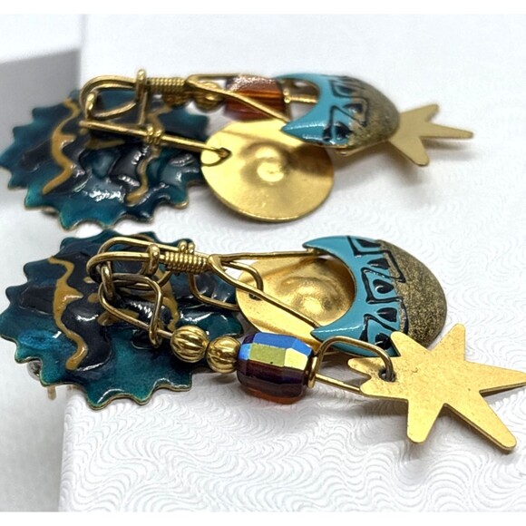 Vintage Lunch at the Ritz Gold Tone Enamel Southwestern‎ Dangle Pierced Earrings - Picture 4 of 11